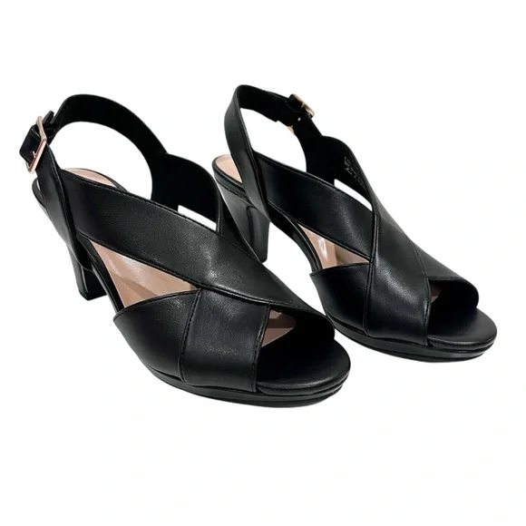 Easy Street Christy Slingback Heeled Sandals Cross Strap Buckle 7.5 Black NEW - Picture 3 of 16